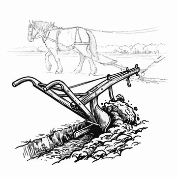 Vintage hand drawn illustration of a horse pulling a traditional metal plow through soil.