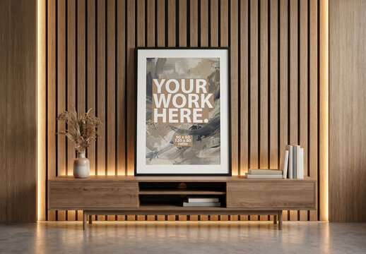 Vertical Poster Mockup in black frame above on console in living room with wooden wall construction and warm ambient light