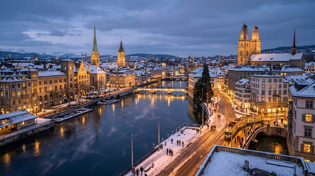 Zurich on banks of Limmat river at winter evening