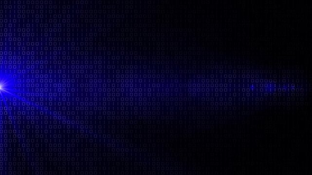 Royal blue color random numbers binary code with optical flair rays hi tech design loopable black technology background