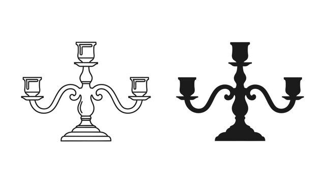 Candelabra Icons: A set of stylized icons depicting candelabra in both line art and silhouette form, perfect for decorative or informational purposes.
