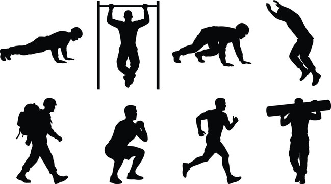 Functional Fitness Training Silhouette Collection with Bodyweight Exercises and Outdoor Workout Activities