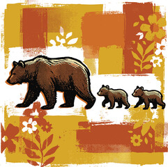 Mama Bear Walking with Two Cubs Retro Screen Print Floral Collage Illustration © Nayem
