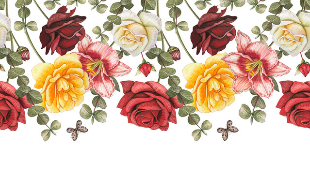 Seamless border with autumn flowers. Red, yellow, roses, lily, eucalyptus. Hand drawn watercolor illustration.