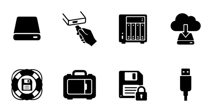 Data Storage Icons: Hard Drive, NAS, Cloud Backup, USB Drive, Floppy Disk, Data Security, Storage Solutions