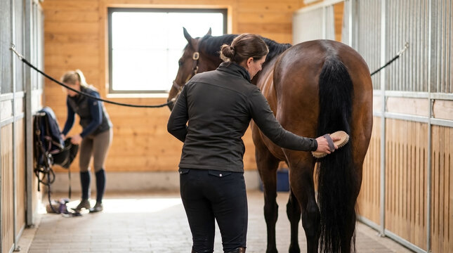 Groomer brushing horse in stable with equestrian preparing tack for ride. Horse grooming includes brushing and care, ensuring strong bond between rider and horse.