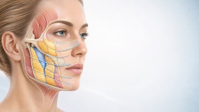 Detailed anatomical illustration of human face showing muscle tissue nerve fat and skin layers side profile view