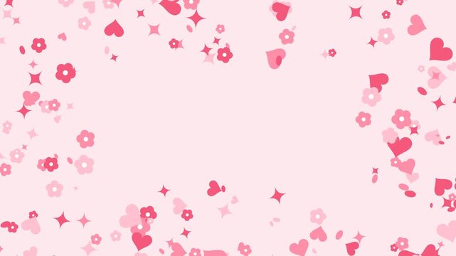Cute pink background animation featuring lovely hearts, small flowers, and magical sparkles floating in a circular border pattern, perfect seamless Valentine's Day loop with copy space