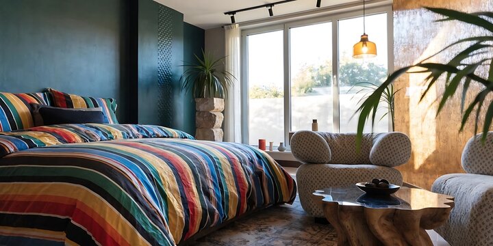 Modern bedroom interior with colorful striped bed sheets and sunny window view