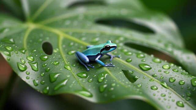 Small blue and turquoise poison dart frog on wet green leaf
