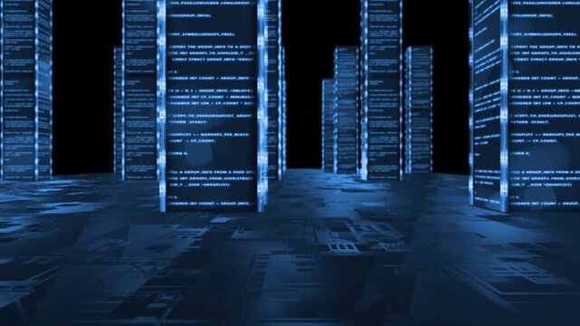 Royal blue color big data technology center with server racks data flow traffic on servers hi tech design black technology background
