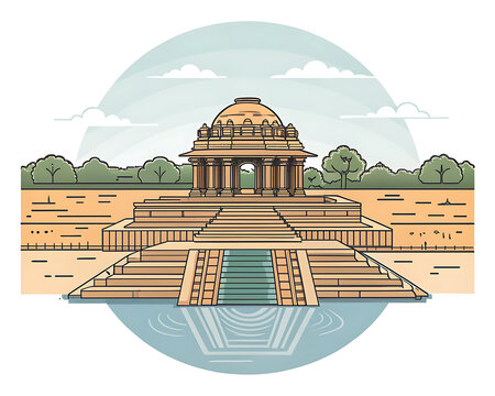 Modhera Sun Temple, Gujarat, India, modern limited color vector illustration, temple and stepped tank, flat vector travel art