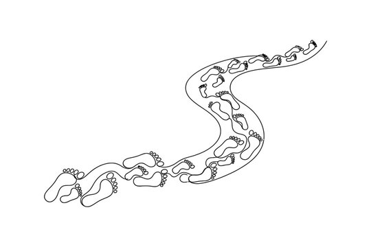Continuous line art illustration of human footprints forming a winding path.