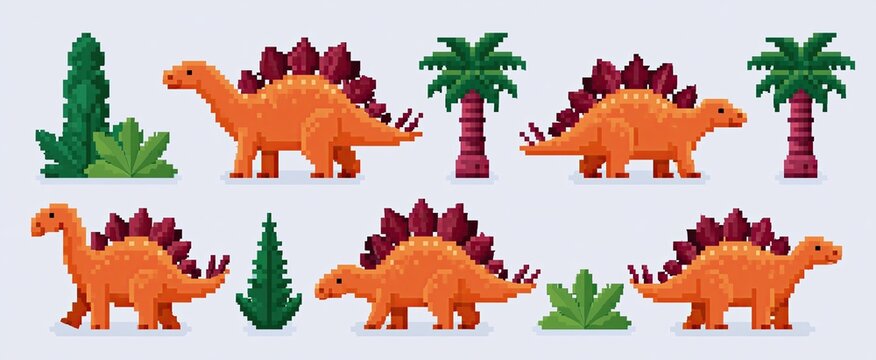 Pixelated stegosaurus in dynamic retro 8-bit style, perfect for engaging children's educational dinosaur games.