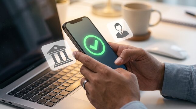 A person holding a smartphone displaying a green checkmark icon, with floating UI icons representing a bank/institution and a user/account suggesting a successful financial verification or banking.