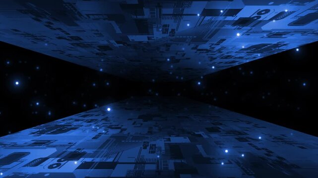 Royal blue color glowing bokeh particles circuit board in cyberspace modern design black seamless technology background