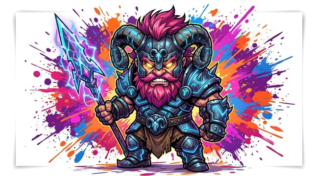 Cartoon dwarf warrior with a horned helmet and electric spear against a colorful splash background