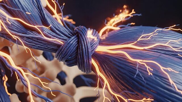 4K CGI Animation Of Muscle Fibers In The Neck Tightly Bunching Together With Dynamic Electric Impulses Illustrating Strength And Tension