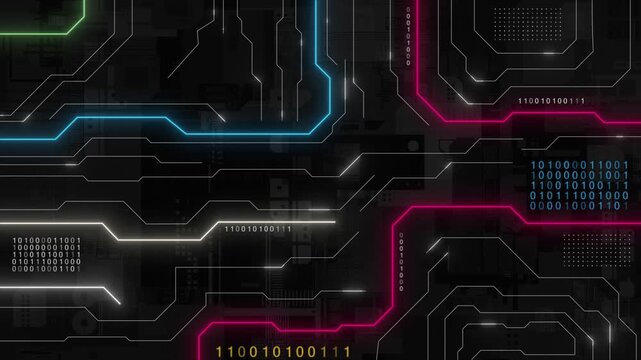 colorful glowing circuit board microchip with binary code futuristic matrix data network hi tech design loopable black technology background