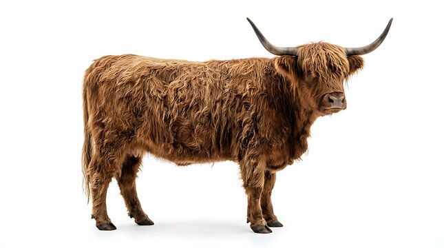 Highland cow standing in profile against a plain white background