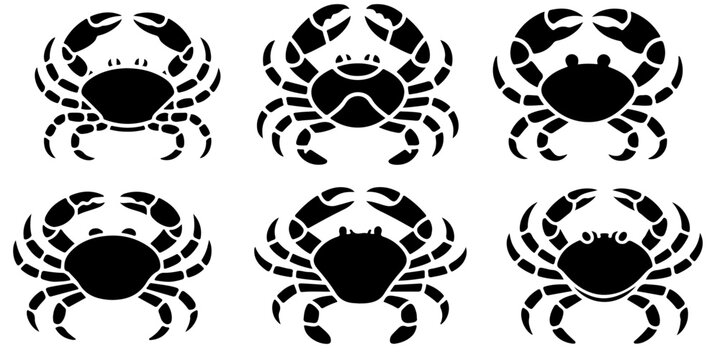 Crab icon collection in solid and outline styles isolated on white background, marine crustacean seafood animal symbols, simple coastal wildlife vector