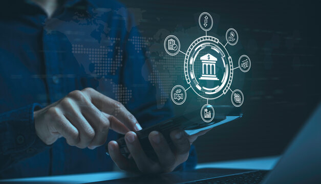 Mobile banking cybersecurity with person using smartphone and bank interface to secure payments protect financial data enable fintech services and support global cashless business transactions
