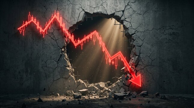 Dramatic Stock Market Plunge and Financial Ruin with Neon Red Decreasing Arrow Breaking Through Concrete Wall

