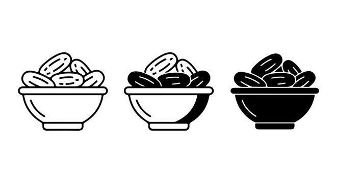 Date Fruit Bowls, Dried Dates Icon Set, Healthy Food Vector Graphics, Sweet Snack Illustrations
