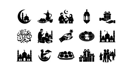 Obraz premium Eid Mubarak Islamic Icons Set, Crescent Moon Mosque, Family, Gifts, Arabic Calligraphy Vector