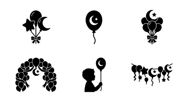 Islamic Celebration Balloon Icons, Crescent Moon and Star Decorations, Eid Mubarak Party Vector Set
