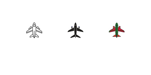 Fototapeta premium Set of three minimal airplane icons isolated on white background for travel and aviation.
