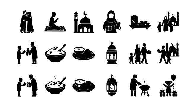 Islamic Ramadan Icons, Eid Celebration Vector Graphics, Muslim Family Traditions, Prayer, Charity, Food