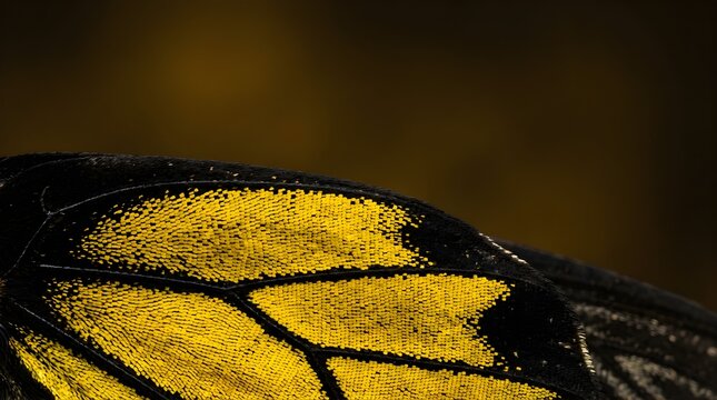 Extreme macro close-up of a vibrant yellow and black butterfly wing pattern