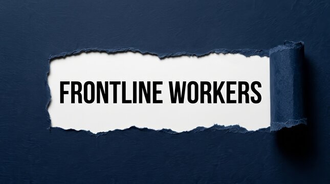 The words frontline workers appearing through a rip in dark blue paper