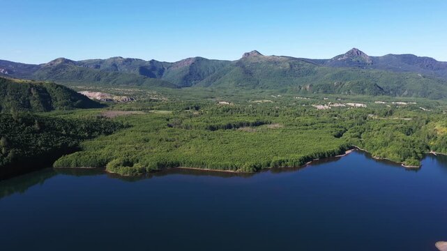 4K aerial drone footage of Coldwater Lake near Mount Saint Helens in Washington, USA. Scenic Pacific Northwest summer landscape with volcanic mountains, evergreen forest and pristine freshwater