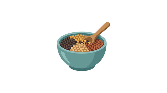 Bowl of mixed grains, seeds, and legumes with wooden spoon, isolated on white background.