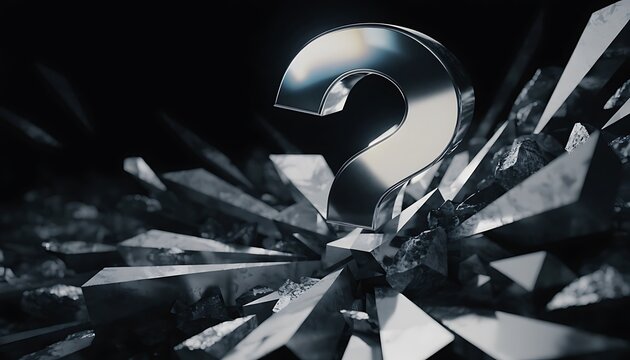Shiny silver question mark sign emerging from broken shattered dark glass shards
