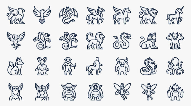 Collection of Mythical and Fantasy Creatures Line Art Icons