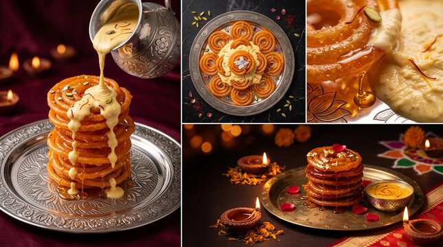 Food collage of traditional Indian sweet jalebi being drizzled with creamy rabdi on silver plates in a festive setting.