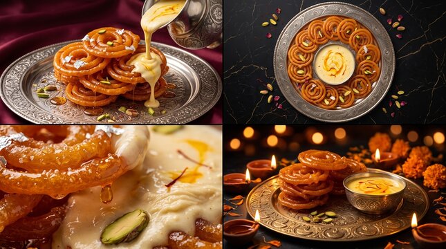 Collection of four food shots showcasing classic Indian jalebi and rabdi dessert garnished with saffron on silver plates.