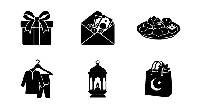 Ramadan Icons Set: Gift Box, Money Envelope, Dates Plate, Clothing, Lantern, Shopping Bag