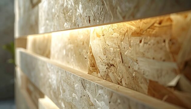 Close-up of Oriented Strand Board with Warm Backlighting.