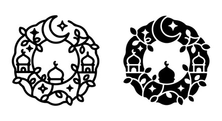 Islamic Crescent Moon Mosque Wreath Vector Icons, Ramadan Kareem Decorative Elements, Eid Mubarak Celebration Graphics © Aktar