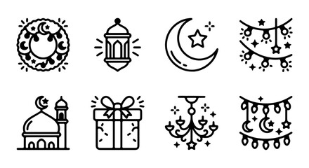 Fototapeta premium Islamic Ramadan Icons, Crescent Moon, Mosque, Lantern, Gift Box, Festive Lights, Vector Symbols