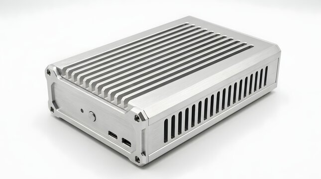 A sleek silver mini pc case with cooling fins on white background.