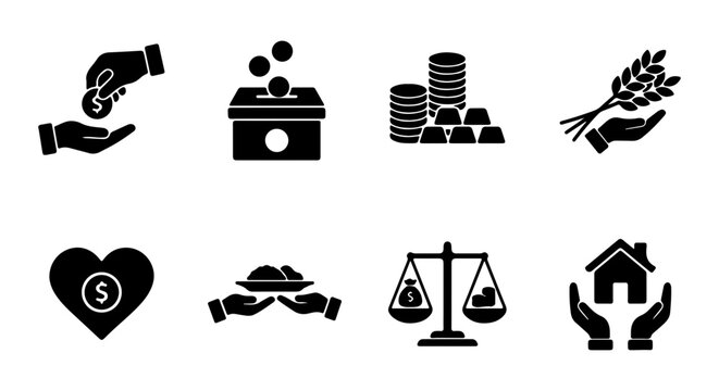 Charity and Finance Icons: Donation, Savings, Gold, Harvest, Heart, Food, Justice, Home Care