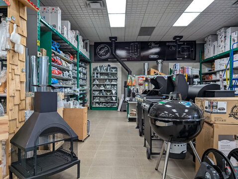 Quebec, Canada, 22 April 2026 : A retail store displays Drolet, Weber, and Pit Boss grills, outdoor fireplaces, and heating equipment.