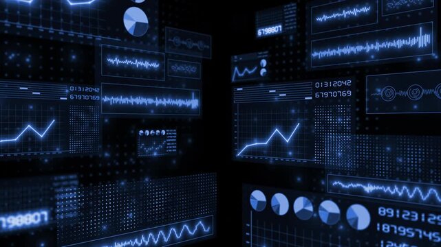 Royal blue color with futuristic head up display (HUD UI) technology interface screen and chat panel advanced data analysis algorithms dashboard display technology 3D background 
