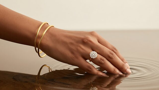 Elegant female hand with gold bangles and diamond ring touching liquid surface with ripples, luxury jewelry advertising concept, beige background