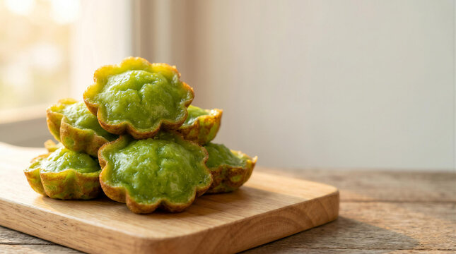 Traditional Thai pandan sweetmeat or baked pandan cake on wooden board with warm morning sunlight